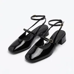 Women Mary Jane Shoes Patent Leather Square Toe Block Heel Ankle Strap Vintage Comfortable Office Party Dress Pumps Large Size