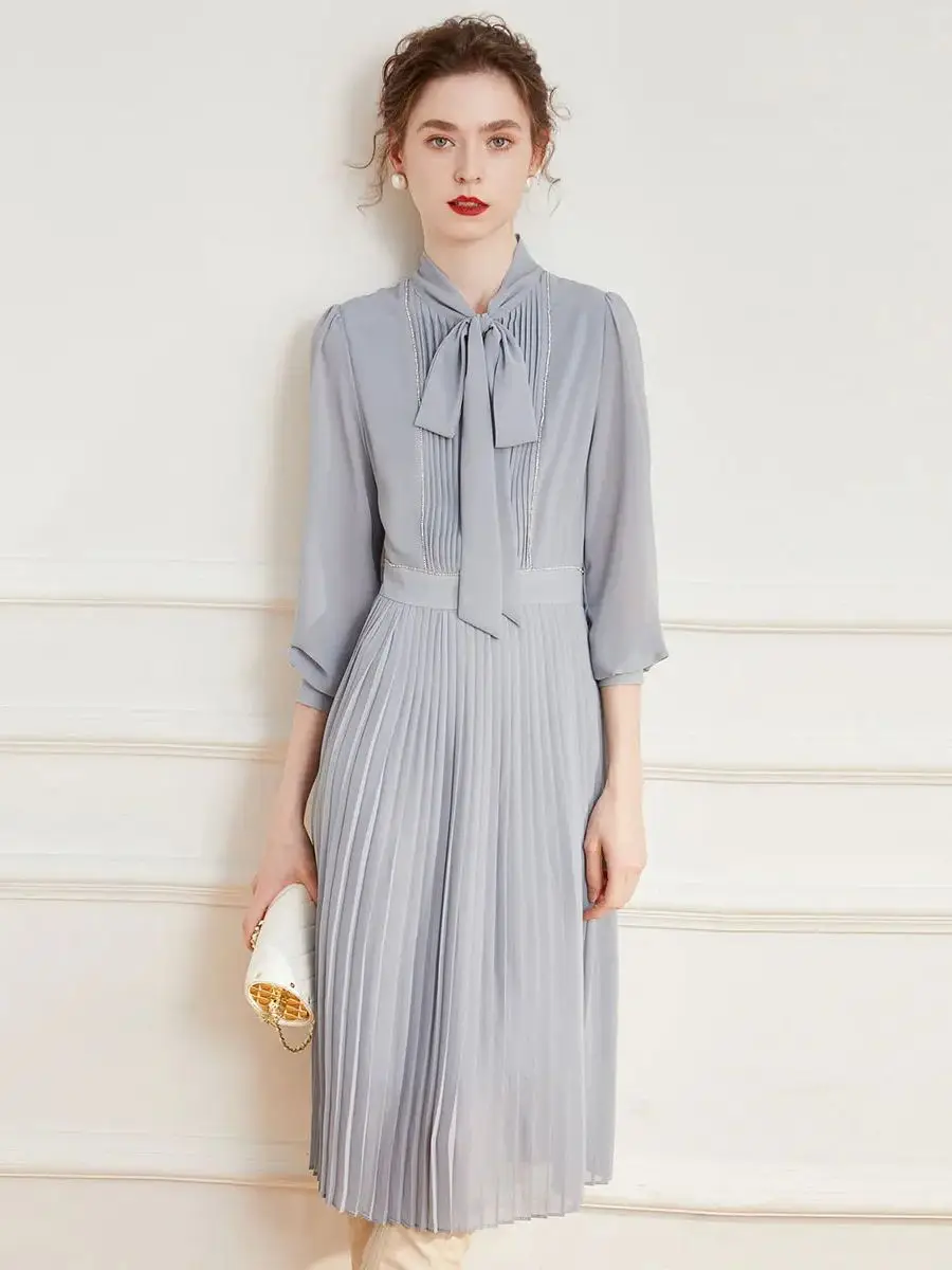 LOUIS YAO Women Dress 2024 Spring / Summer Dress Elegant Ribbon Pleated Long Dress Casual Long Sleeve V-Neck Knee-length Dress