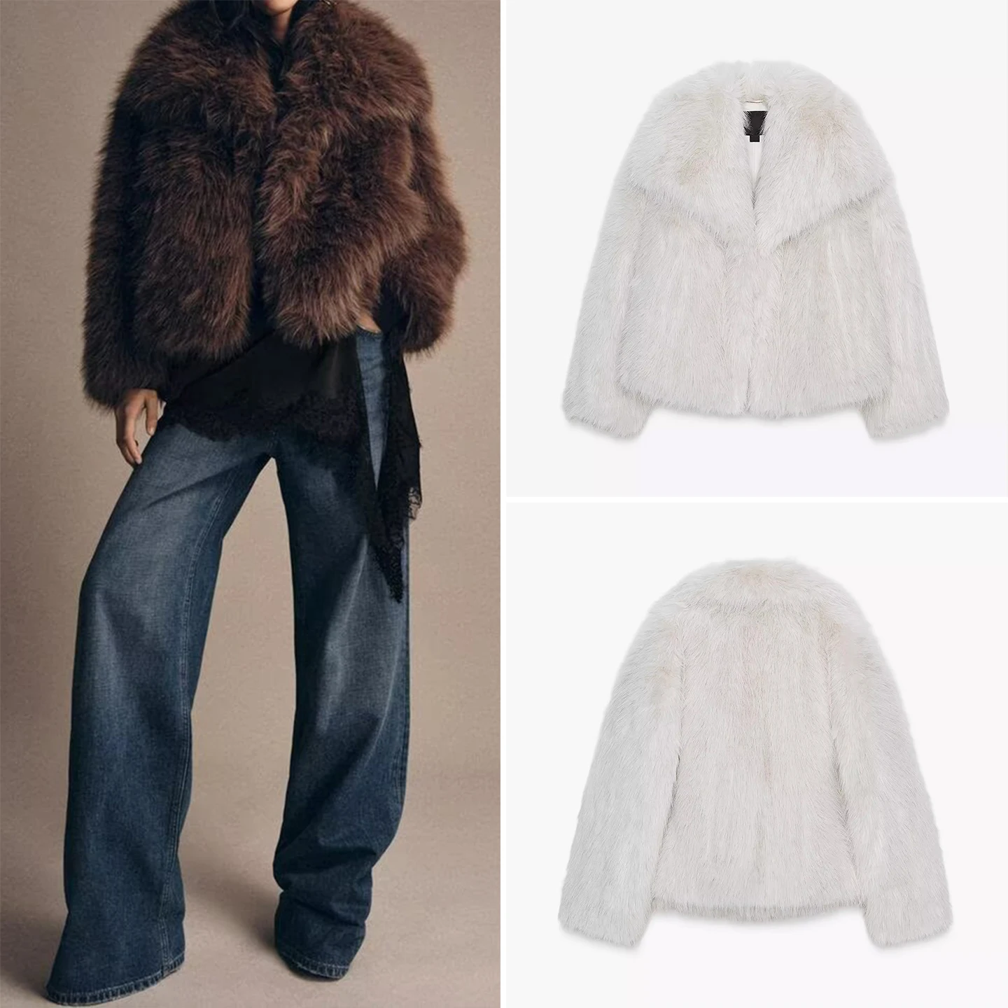 

2025 Autumn New Fashion Women's Personality Coat Collar Fluffy Outerwear Warmth Wool Skin Loose Fit Short Style Long Sleeve