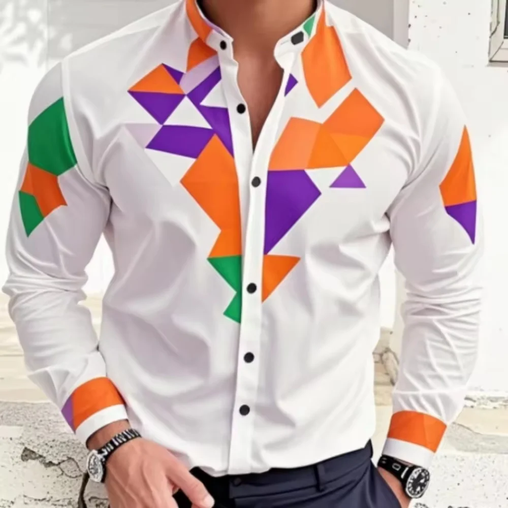 幾何学模様の花柄プリントが施された、新しいメンズラペルシャツ。アウトドアストリートファッションデザイン、カジュアルなハワイアン長袖シャツトップス。