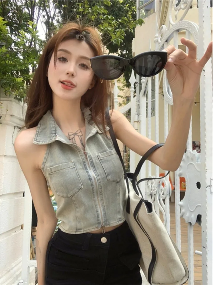 Designer Polo Neck Backless Denim Tank Top Y2k Women Summer Korean Slim Hang Neck Sling Crop Tops Streetwear Sleeveless Vests