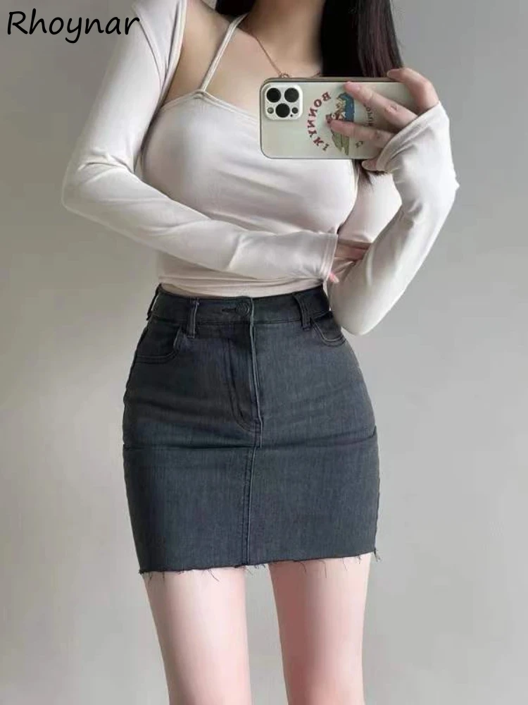 

Denim Mini Skirts Women High Waist Retro Washed Tassel Streetwear Females Sexy Slim All-match Pure Stylish Korean Harajuku Chic