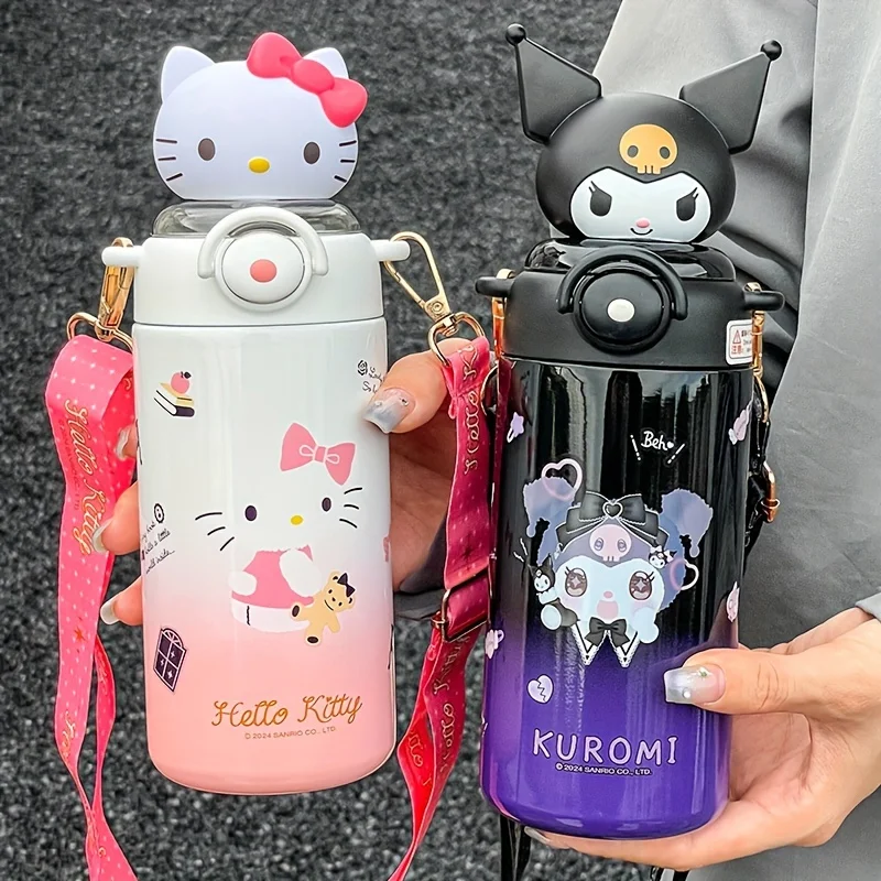 1 bouteille d'eau en acier inoxydable Hellokitty de 600 ml ; Thermos mignon de grande capacité ; Gourde d'eau portable avec bandoulière et sangle