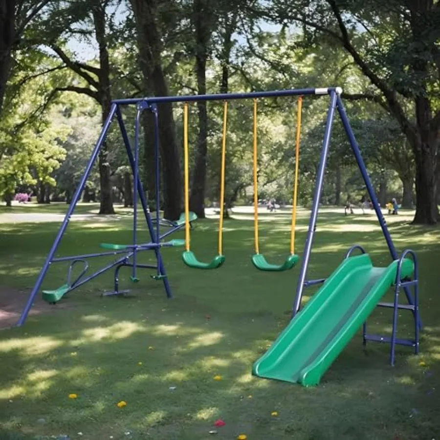 

5 in 1 Heavy Duty A-Frame Metal Swing Set for Backyard Outdoor Play for with Slide Teeter Totter Glider and 2 Built-in Swings f