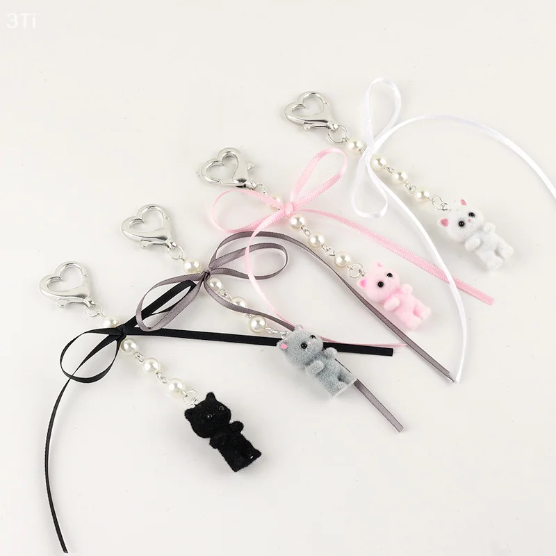 Брелок с пушистым котом и бантом, жемчужная лента, подвеска с котенком, подвеска, брелок, ювелирные изделия для девочек и женщин, украшение для подарочной сумки