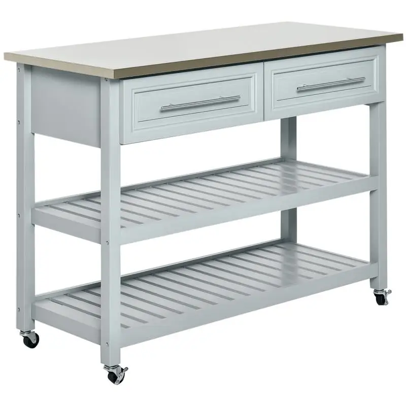 

Kitchen Island with Stainless Steel Top, Traditional Kitchen Island with Storage, 2-Tier Open Shelves, Drawers, Light Gray