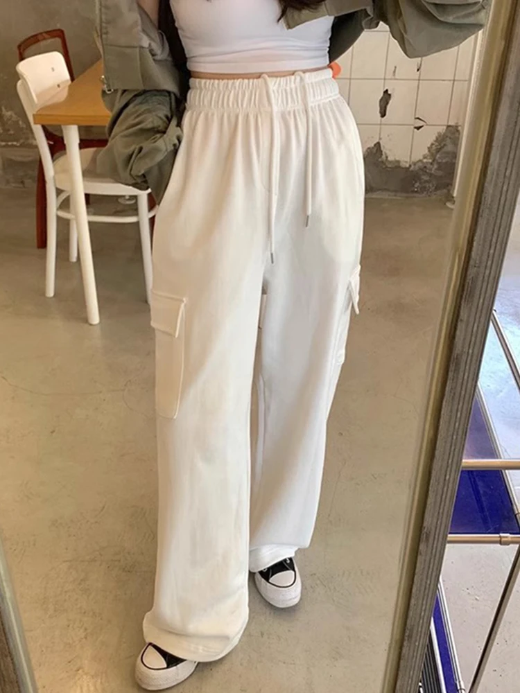 

Chic High Waist Belted Casual Pants American Sle Faionable Women's Wide Leg Workwear Trousers with Big kets Long Pants