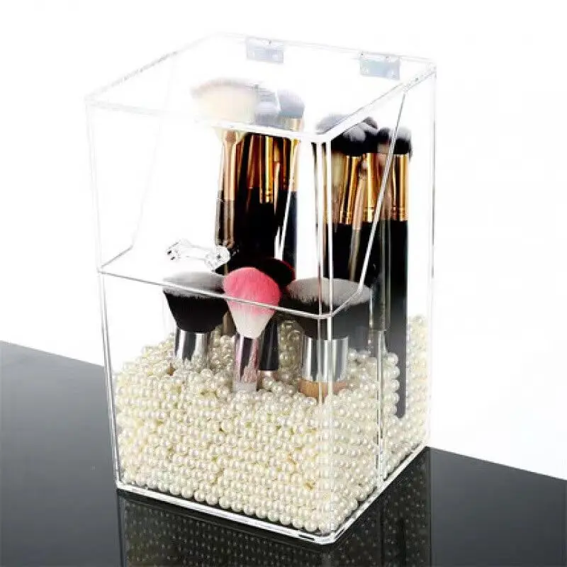 

Transparent Makeup Brush Storage Box with 500g Beads Plastic Cosmetic Brushes Organizer with Lid Beauty Eyebrow Pencil Case