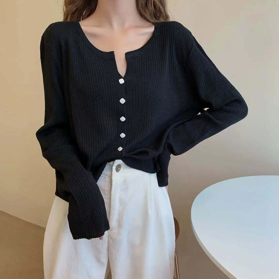 Korean Gentle Knitwear Women Long Sleeved Bottom Sweater Outerwear Cardigan Buttons Vintage Ribbed Top Blouse Tide Femme