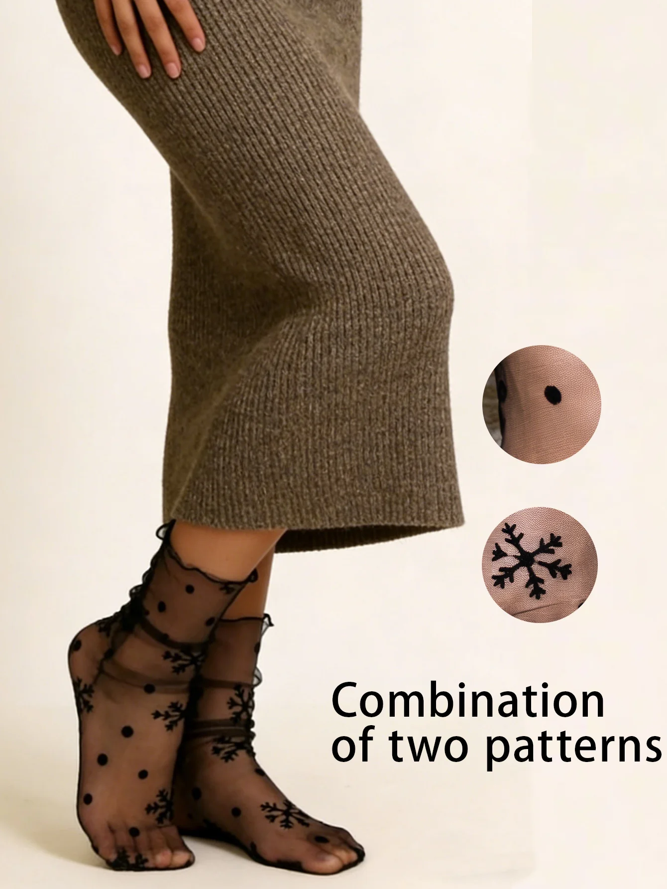 1 Pair Women's Black Sheer Mesh Snowflake & Polka Dot Crew Socks, Sweet Ruffle Trim Hosiery for Christmas & Daily Wear