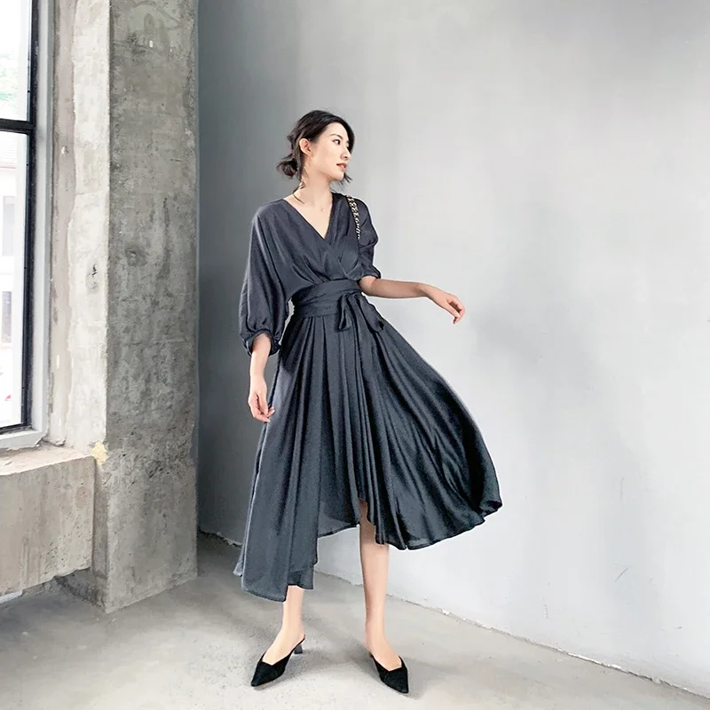 Elegant Summer Dress Satin Smoke Grey Surplice Wrap Knot Half Sleeve High Waist Party Dresses Women Clothes 2024 Autumn