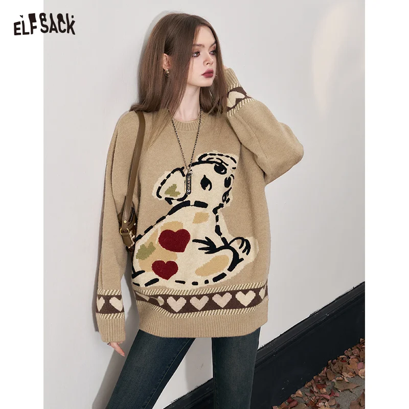 ELFSACK Kawaii Dog Pullover Sweaters Women 2023 Winter Loose Basic Daily Tops