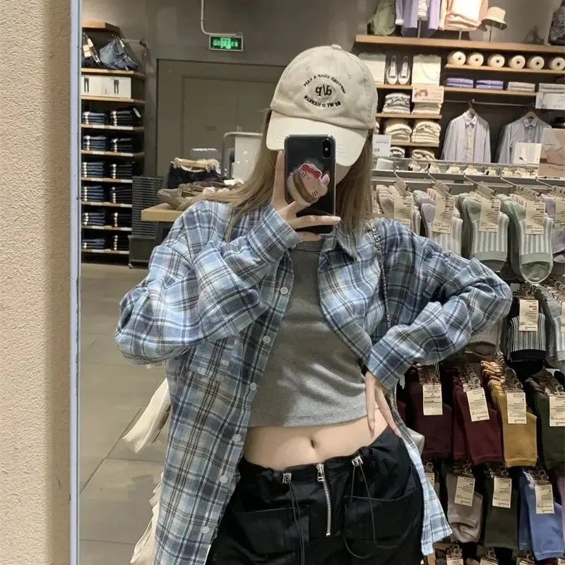 2024 New Spring and Summer Street Hip Hop Fashion Polo Collar Plaid Print Loose and Versatile Long Sleeve Sunscreen Shirt