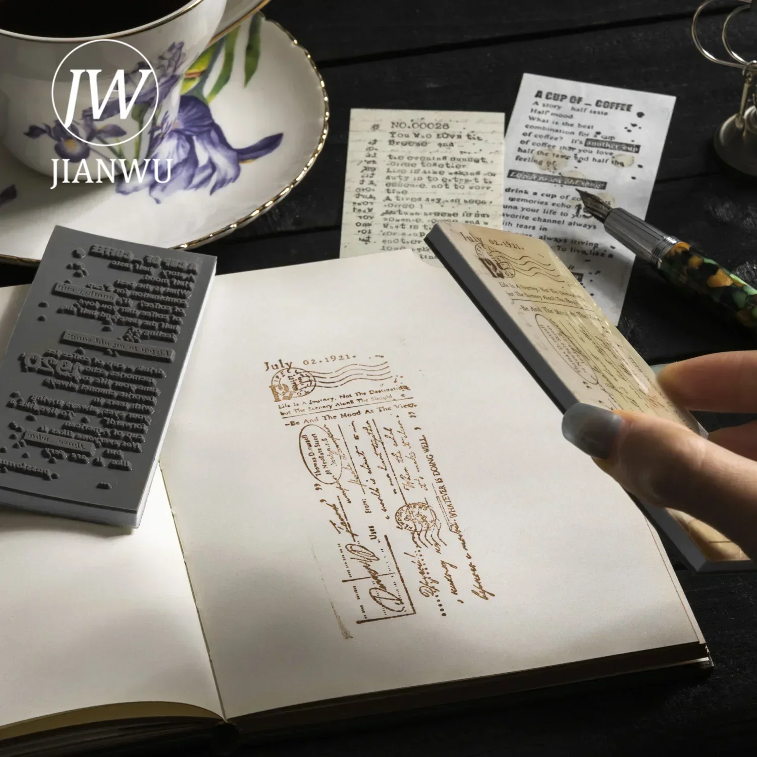 JIANWU Drinking Coffee and Writing Poetry Series Vintage English Text  Material Foam Stamp Set Creative DIY Journal Stationery