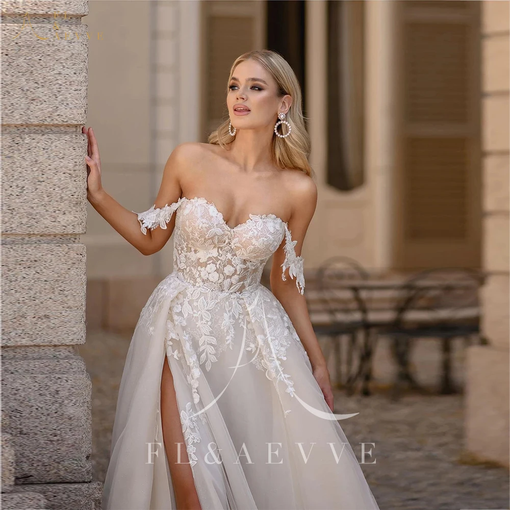 Sexy Off the Shoulder Wedding Dress with Slit A-Line Party Dresses for Bridal Dress White Lace Appliques Wedding Gown Customized