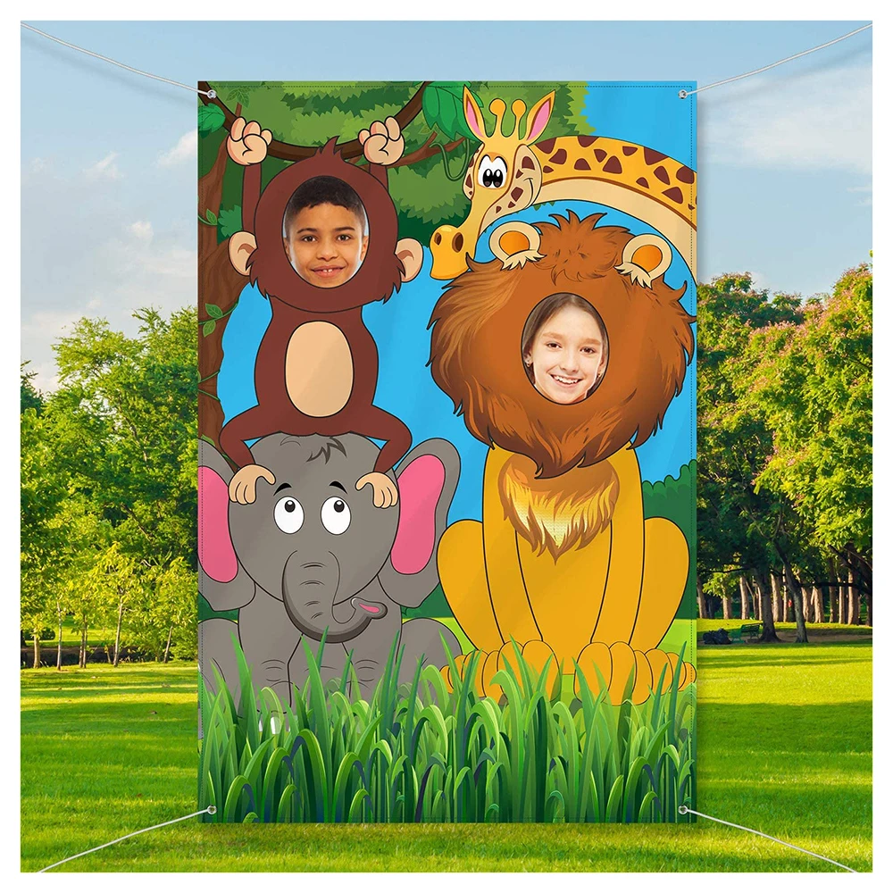 Jungle Safari Wild One Animals Backdrop Funny Face in Hole Bean Bag Toss Game for Kids Boy Girl 1st First Birthday Party Banner