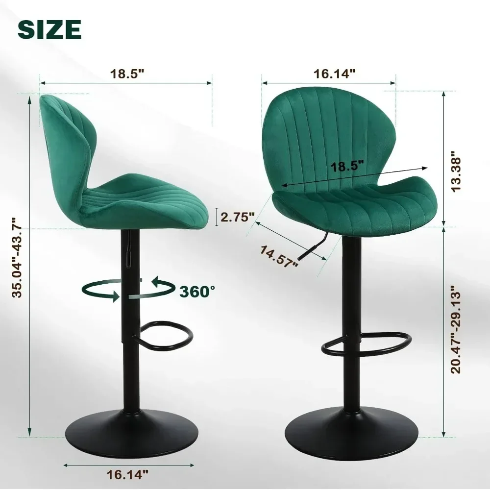 Bar Stools Set of 4, Velvet Height Adjustable Swivel Barstools, Armless Kitchen Island Counter Chairs with Back Footrest, Green