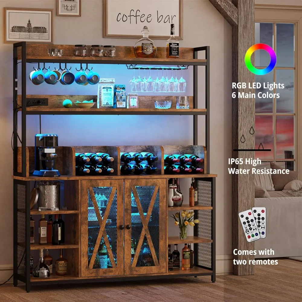 IlearCK-armoire à café-bar avec prise de courant, armoire de planche industrielle avec bande LED et support en verre, armoire française ou à 3 niveaux