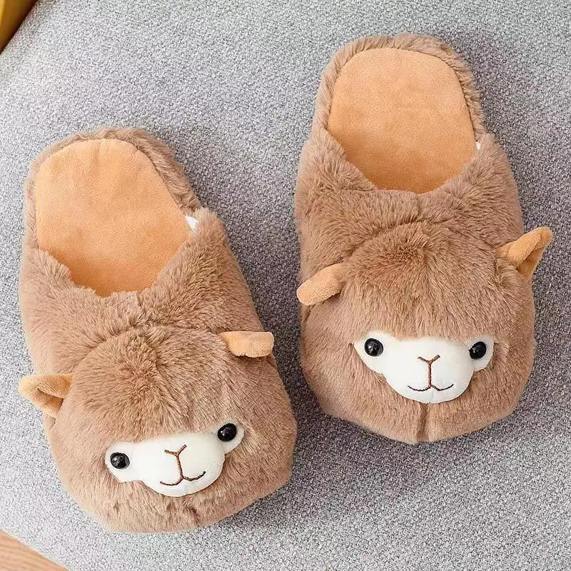 Winter House Warm Plush Alpaca Cozy Shoes Unisex Furry  Cotton Slippers Lovely Creative Cartoon Indoor Soft Slides One Size