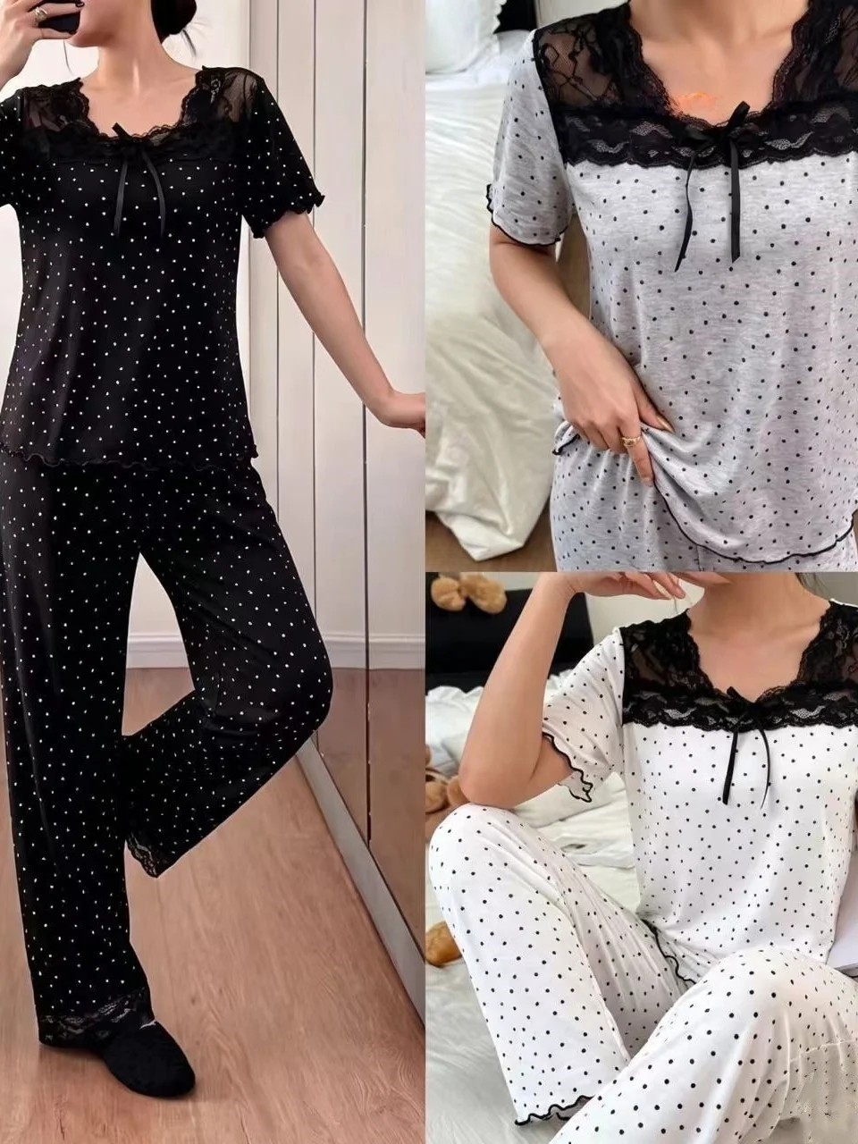 Sexy Lace Patchwork Home Clothes Top And Pants Set Short Sleeve round Neck Straight Leg Long Pants Summer Season Two-Piece Suit