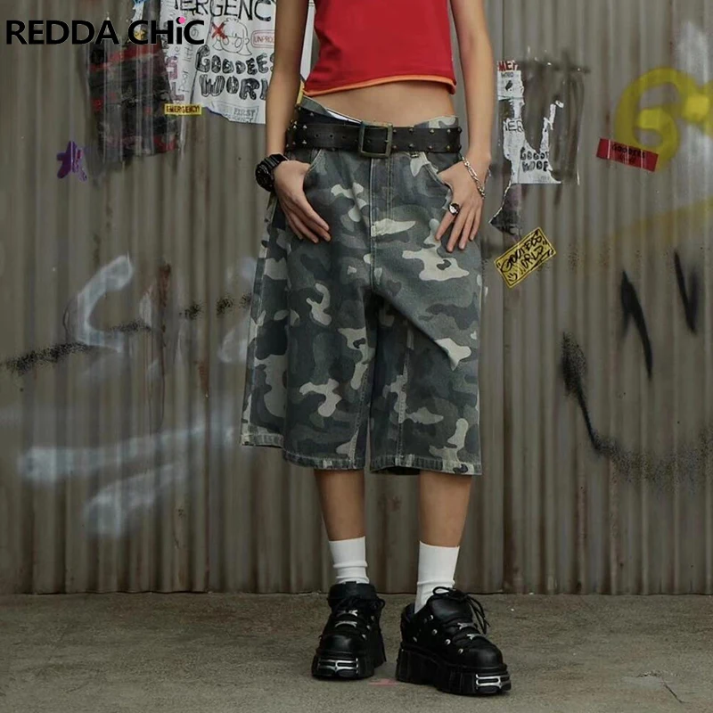 

ReddaChic 90s Retro Skater Oversized Denim Shorts Women High Rise Camouflage All Over Print Baggy Jorts Skater Hiphop Streetwear