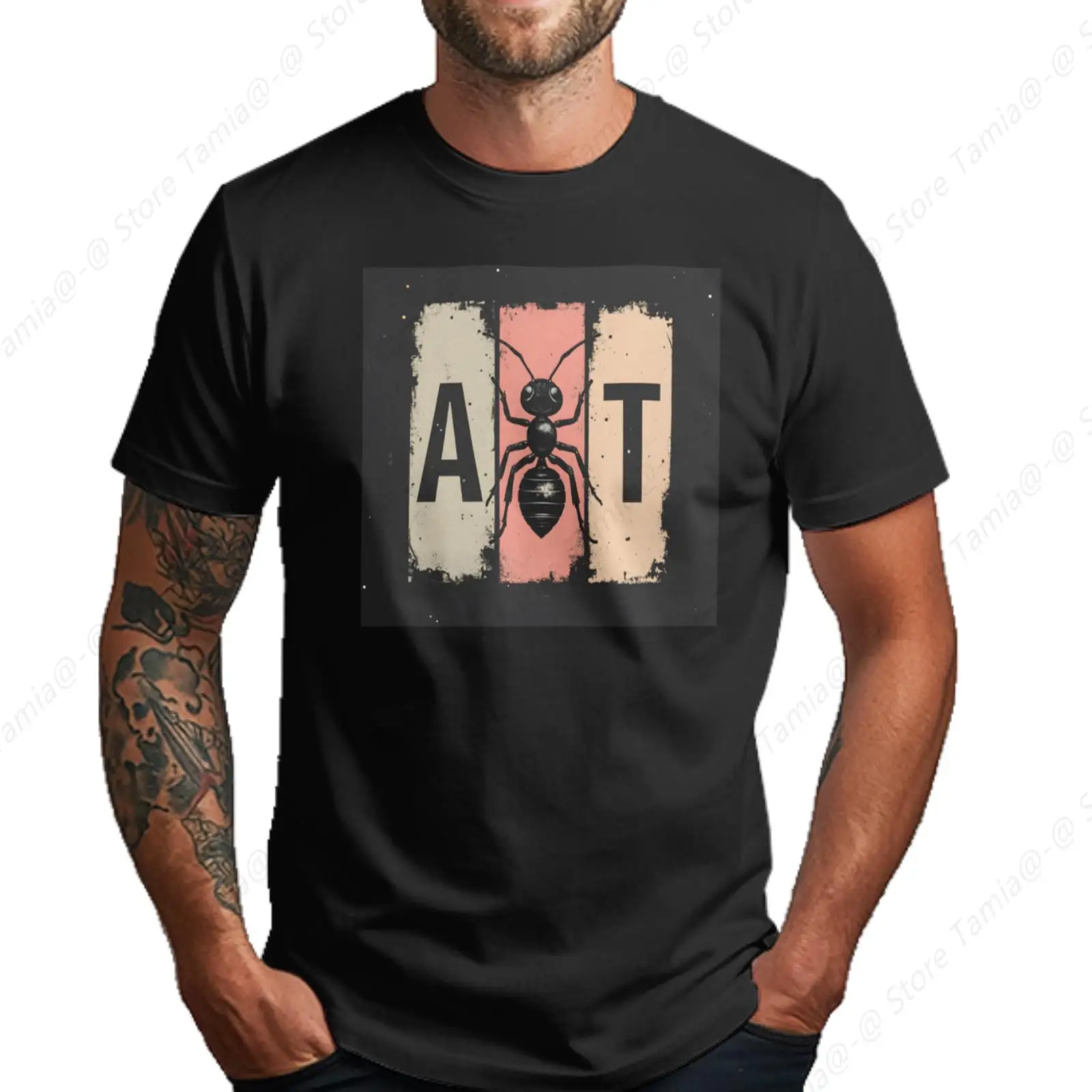 

Ant And Letter Graphic Men'S Round Sleeve T - Shirt With Chest Heat Transfer Print Comfortable Feel