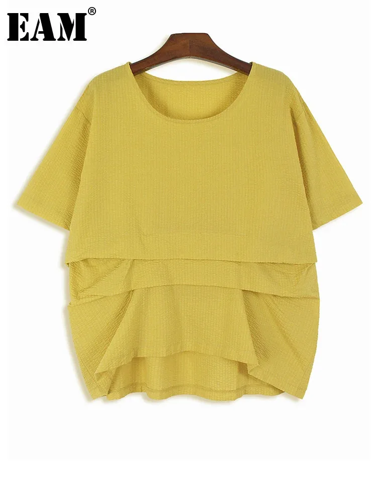 [Eam] feminino amarelo irregular plissado tamanho grande casual camiseta novo em torno do pescoço manga curta moda maré primavera verão 2024 1dh5679