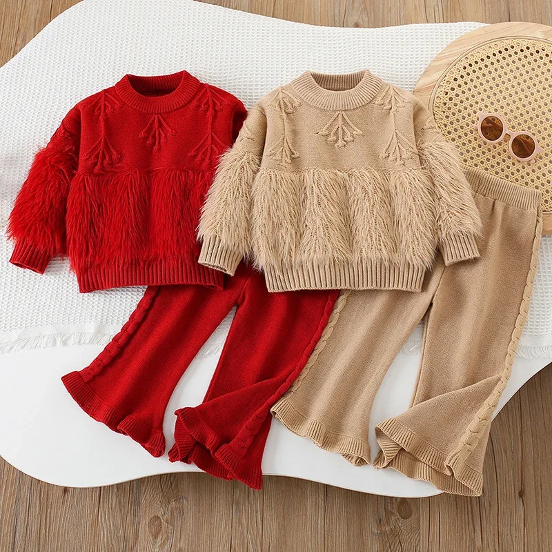 2026 New Spring 2-6Yrs Baby Girls Clothing Set Long Sleeved Knitted Pullover Sweater+Pants Children Knitted Clothes Suit