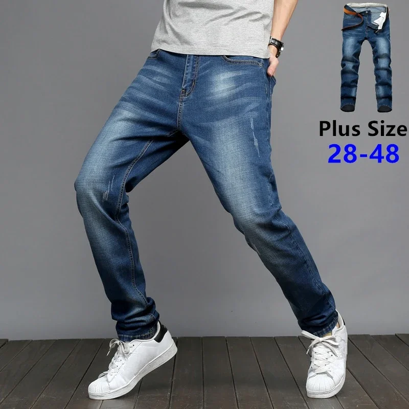 Plus Size 28-48 Men Jeans Casual Fashion Classic Cotton Stretch Long Denim Pants Slim Fit Business Trousers