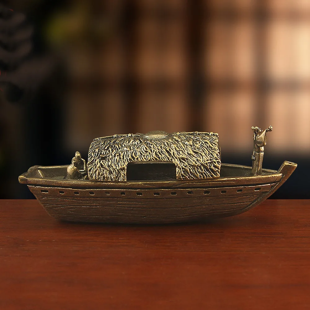 

Vintage Solid Brass Fishing Boat Ancient Poetsmodel Statue Crafts Ornament Tea Pet Micro Landscape Hallway Fish Tank Home Decor