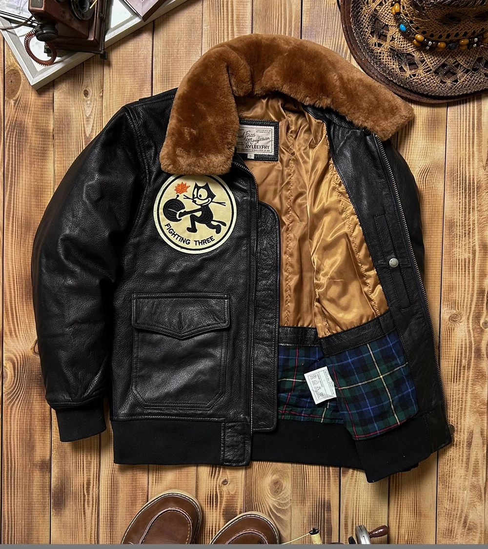 Black Autumn Pilot Leather Jacket Men Military Style Wool Collar Plus Size 3XL Genuine Natural Sheepskin Flight Leather Coat