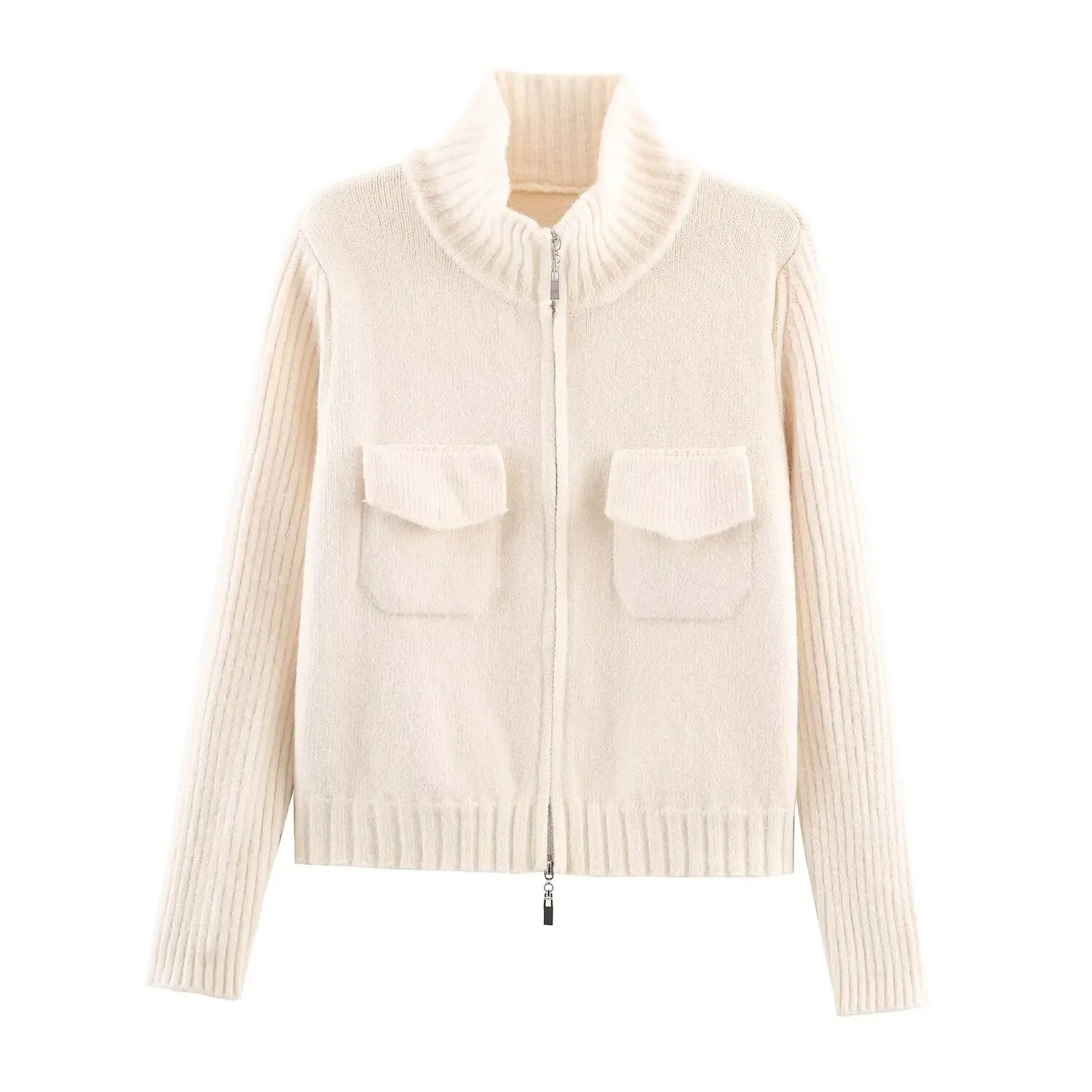 ملابس خارجية محبوكة من Faionable بتصميم سحاب مزدوج من ألياف البوليستر طويلة Sve بطول منتظم معطف نسائي