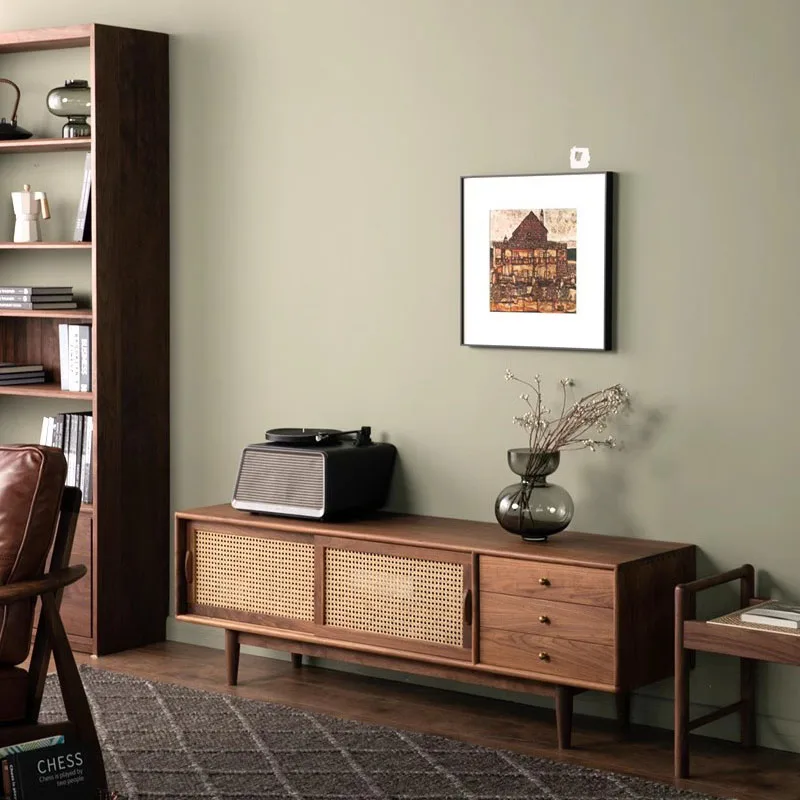 

Japanese Style Solid Wood TV Console with Woven Rattan Doors Scandinavian Modern Walnut Finish Design for Living Room