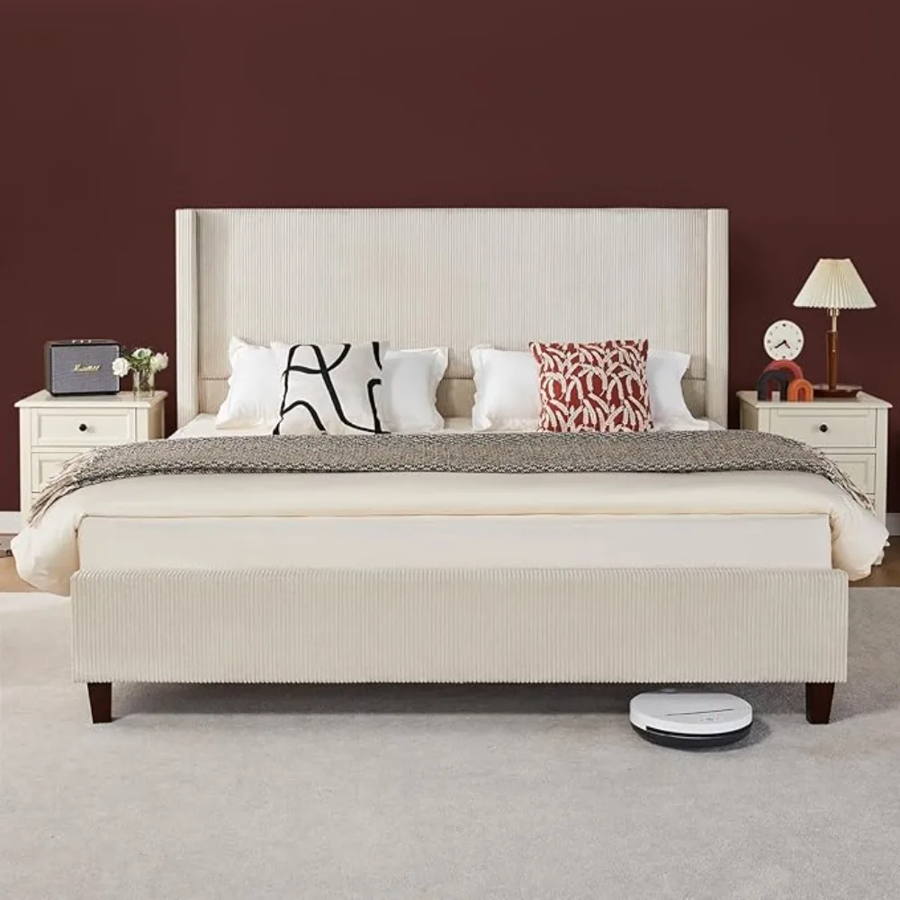 

Bed Frame, 50.8" Corduroy Upholstered Bed with Vertical Channel Tufted Headboard/Wooden Slats/Wingback/No Box Spring