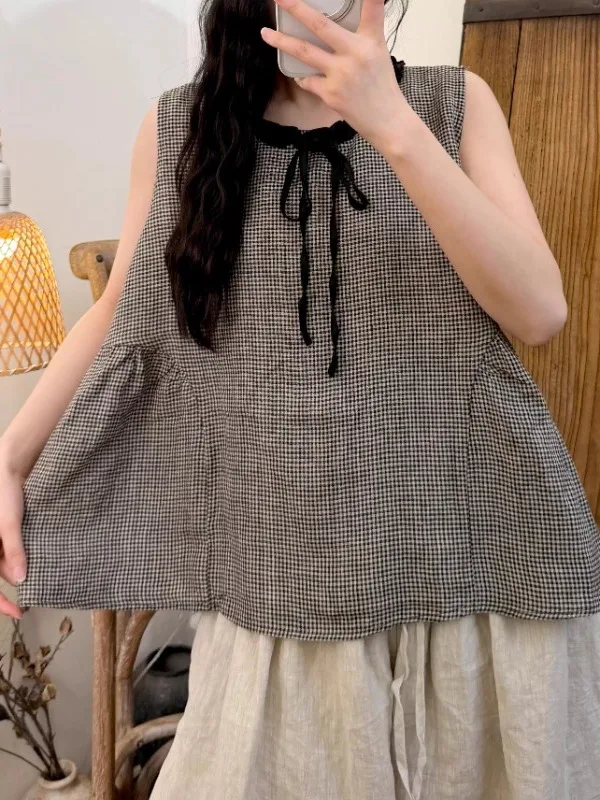 

Summer New Large Size Women's Shirt Gingham Weave Linen Sleeveless Necktie Lace Back Button Casual Style Thin Model Pea...