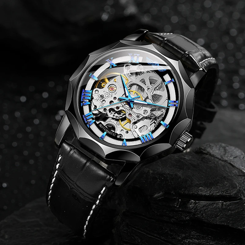 

T-Winner Top Brands Mechanical Skeleton Hollow Out Men Watch Fashion Casual Male Watches Leather Strap Relogio Masculino