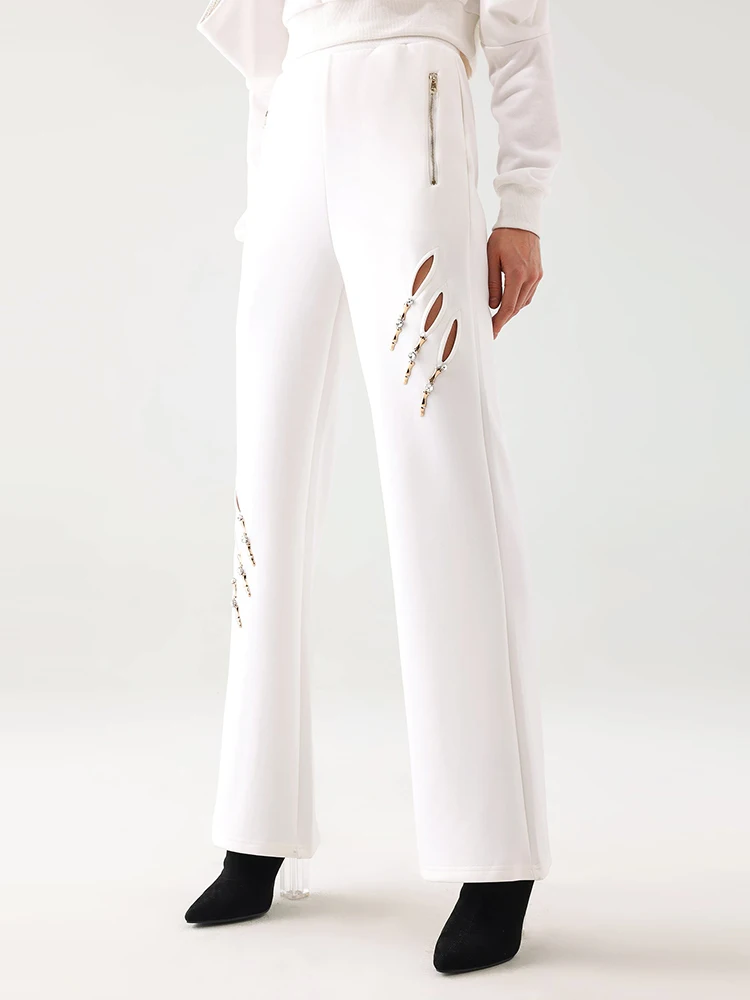 TWOTWINSTYLE Solid Spliced Diamonds Designer Wide Leg Pants For Women High Waist Patchwork Zipper Hollow Out Chic Pant Female