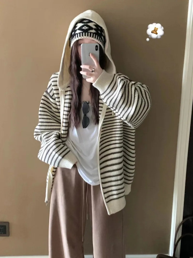 เสื้อคาร์ดิแกนถักไหมพรมสไตล์เกาหลีสุดฮิตสำหรับผู้หญิง ทรงหลวม มีฮู้ดผูกเชือก ลายทาง เปิดด้านหน้า เหมาะสำหรับฤดูใบไม้ร่วงและฤดูหนาว