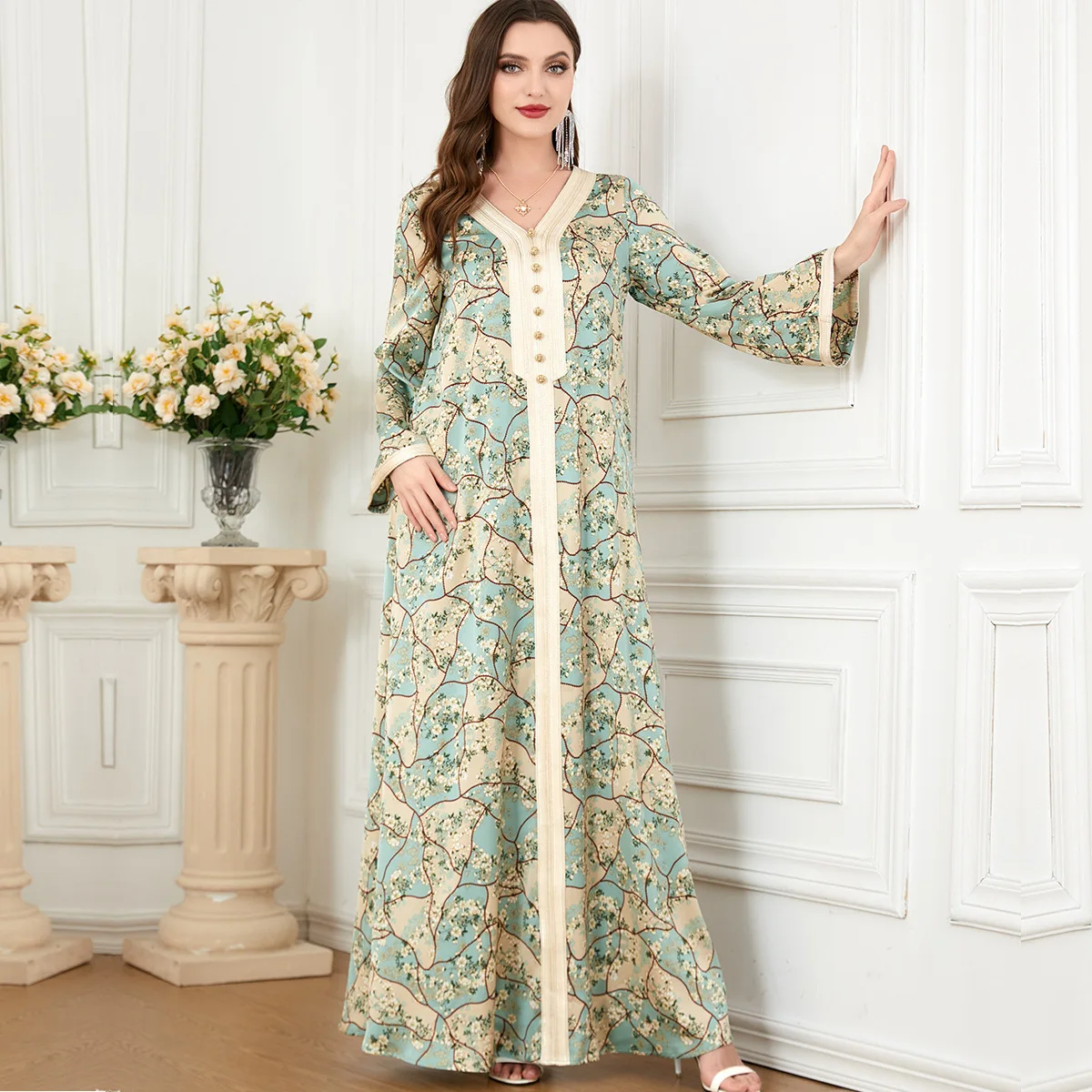 Imagem -05 - Abaya Muçulmano Feminino Floral Marrocos Vestido de Festa Manga Longa Abayas Casual Oversized Vestidos Largo Robe Marroquino Caftan Ramadan