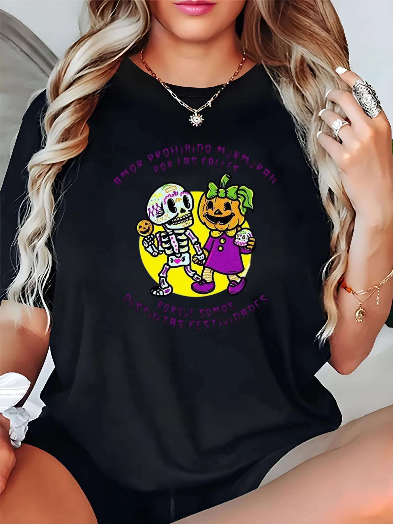 

Women's Halloween Skull and Pumpkin Print Raglan Sleeve T-Shirt