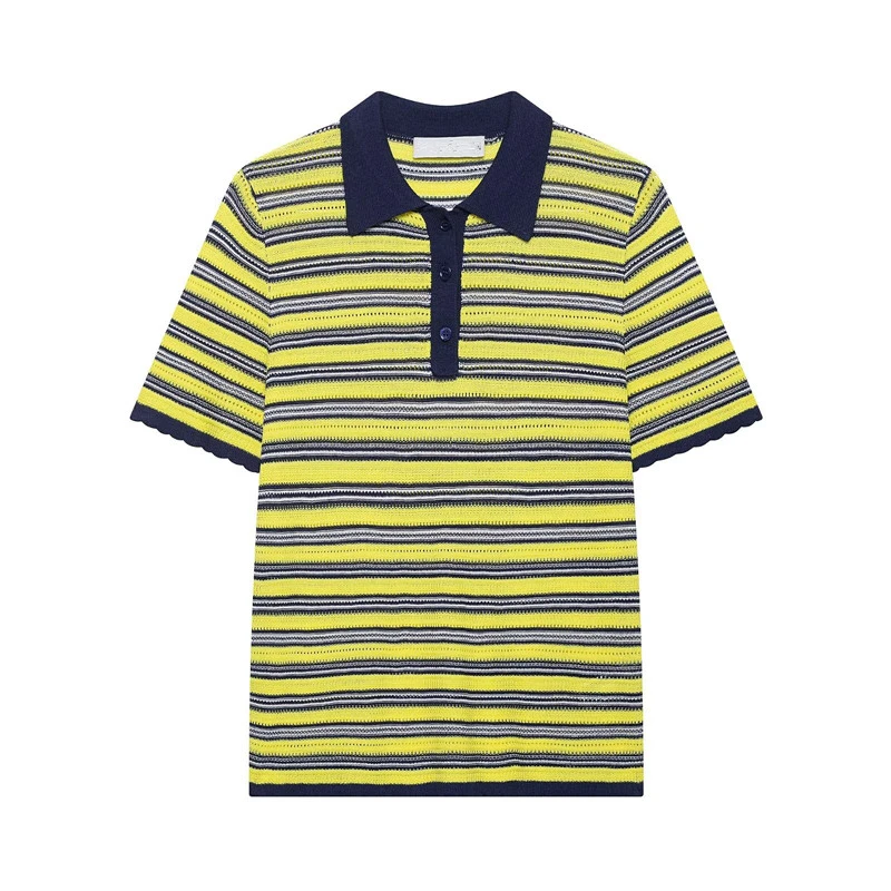 Maxdutti Women's Clothing Tops Autumn Nordic Minimalist Casual Striped Knitted Short Sleeved Polo Shirt T-shirt Woman Clothes