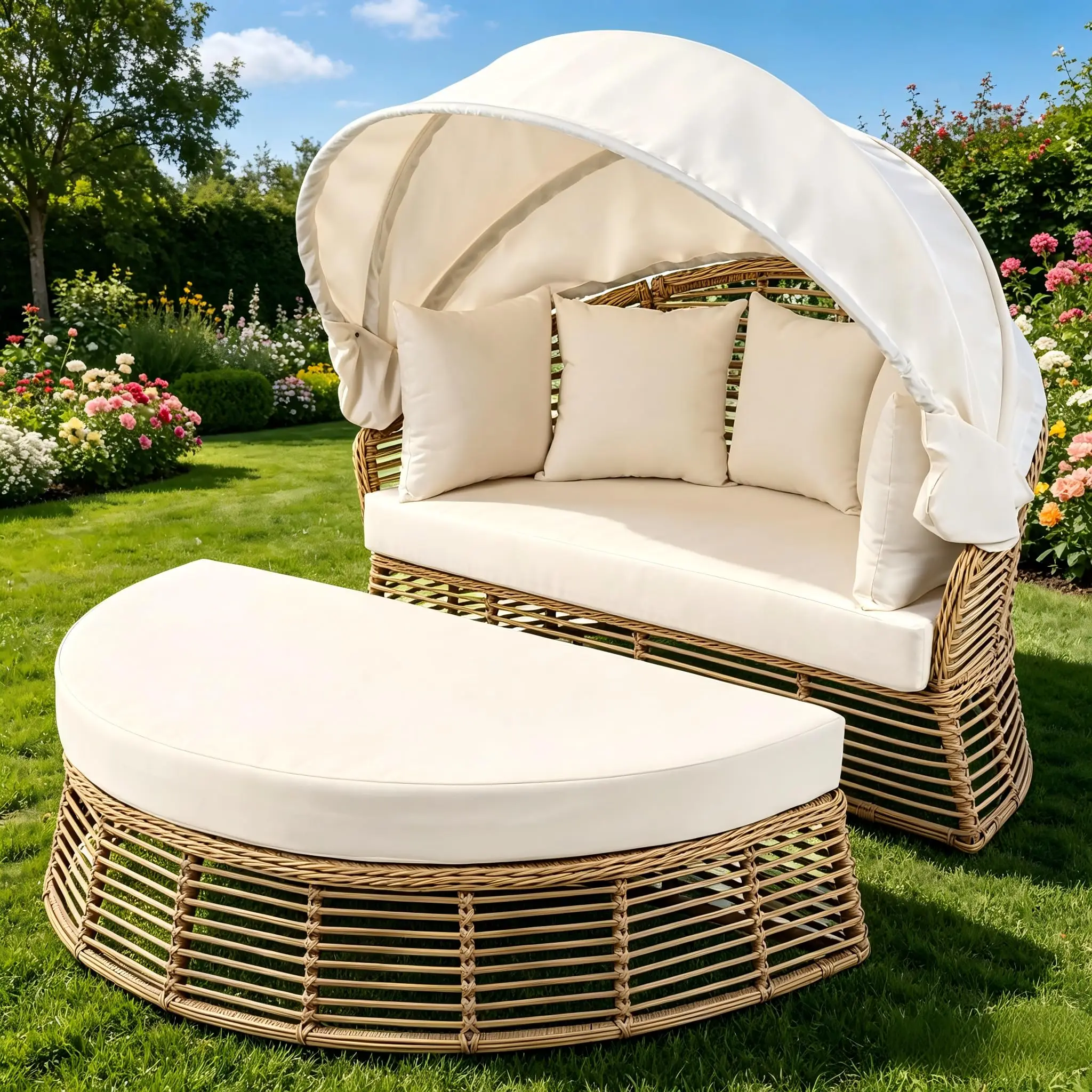 Outdoor Daybed with Retractable Canopy Patio RoundDaybed Wicker Rattan OutdoorSectional Bed Lounger, Washable Cushions