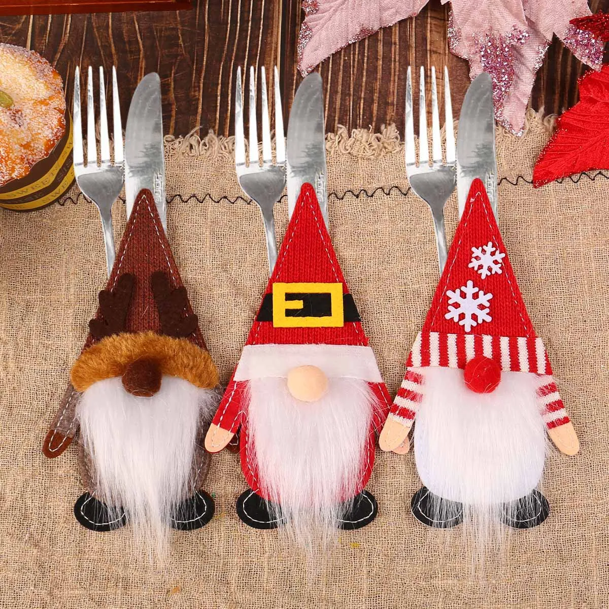 

Набор столовых приборов из фетра с дизайном безликого старика, милый нож, вилка, ложка для рождественского стола, реквизит для украшения тематической вечеринки