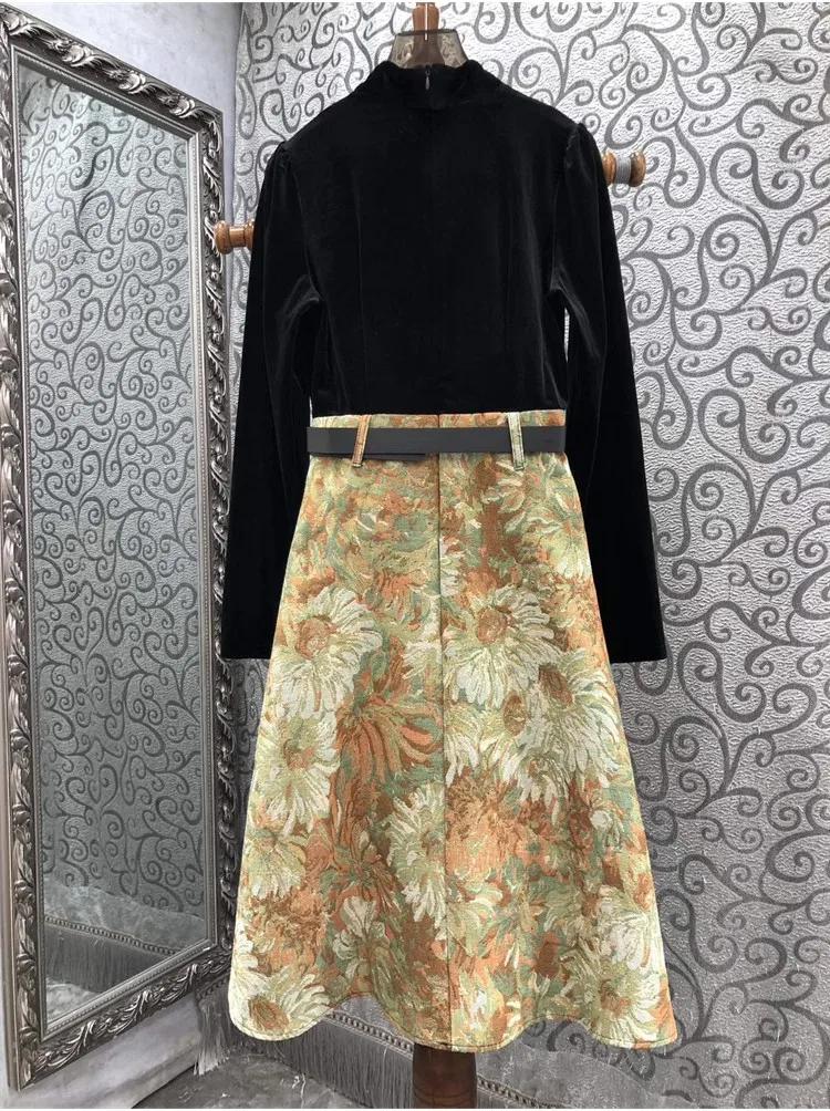 New 2023 Autumn Winter Runway Style Dress High Quality Ladies Velvet Vintage Jacquard Prints Belt Deco Long Sleeve Dress XL