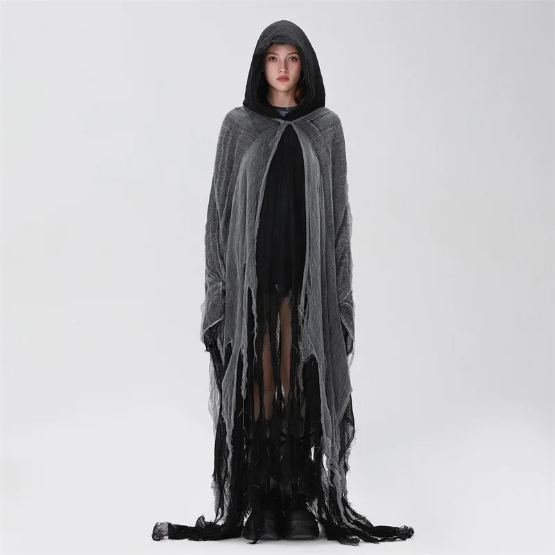 Lamuusaa Halloween Witch Cloak with Hood Women Gothic Exaggerated Ripped Grim Reaper Cape Dard Academia Clothes Cosplay Props