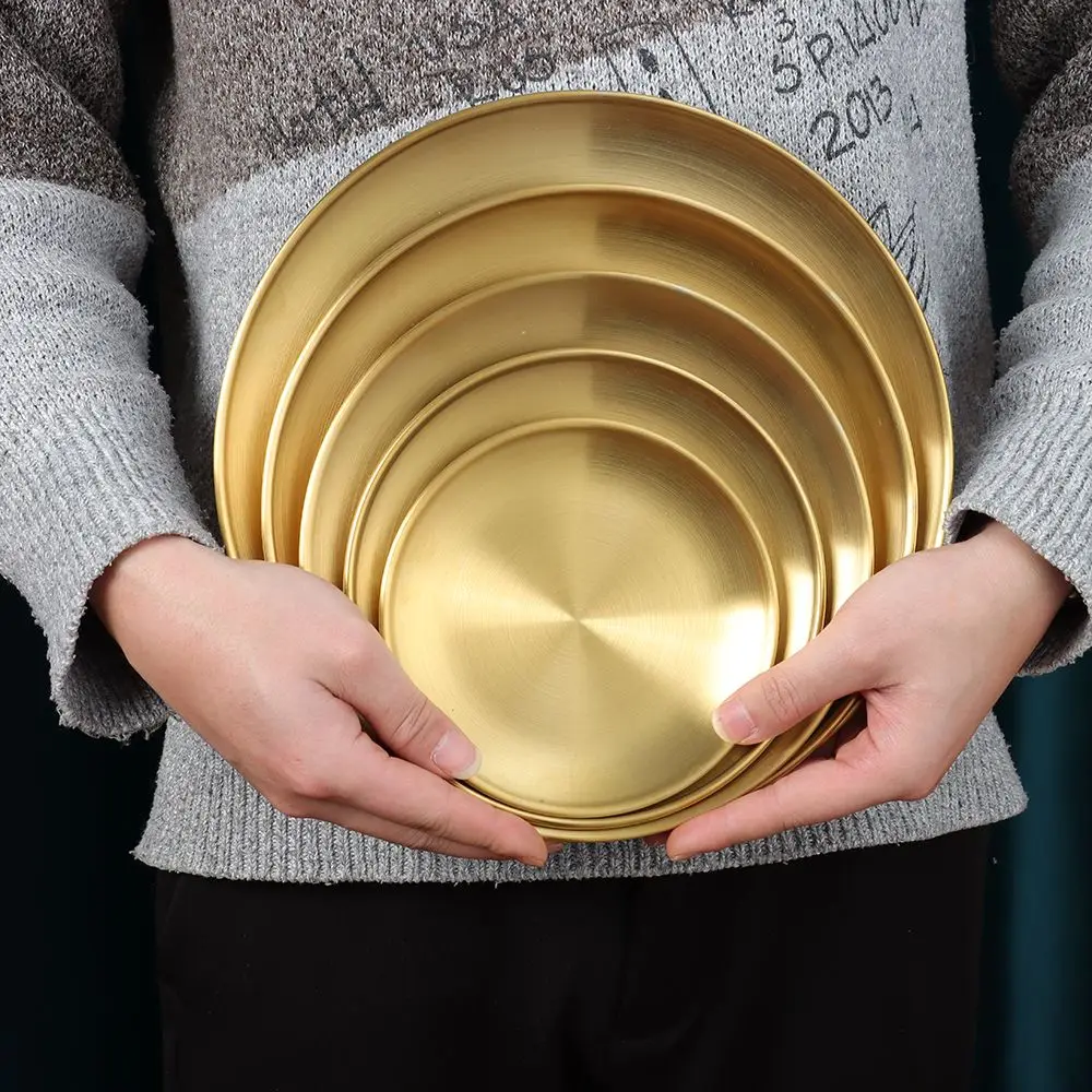 High Quality Tableware Cake Dessert Gold Silver Shallow Tray Bone Spitting Dish Metal Dining Disc Round Plate