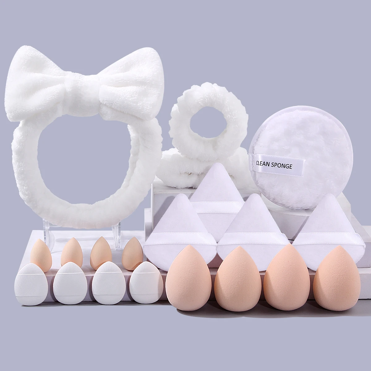 مجموعة أدوات احترافية لتنظيف الوجه والمكياج مكونة من 20 قطعة - ربطة شعر، حزام معصم، نفخة مسحوق البيض الإسفنجية، نفخة تنظيف الوجه