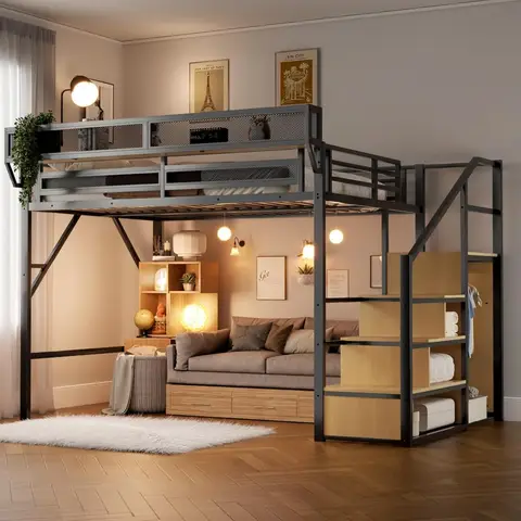Queen Size Loft Bed with Stairs and Storage, Metal Loft Bed Frame with Bedside Shelf and Large Under-Bed Space, Heavy-Duty Bed f