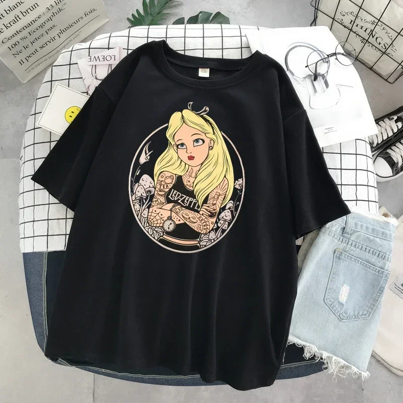 Princess Print Alice in Wonderland Women T Shirt Tops Black Alice Snow White Casual Short Sleeve T-shirt Femme Top Y2K