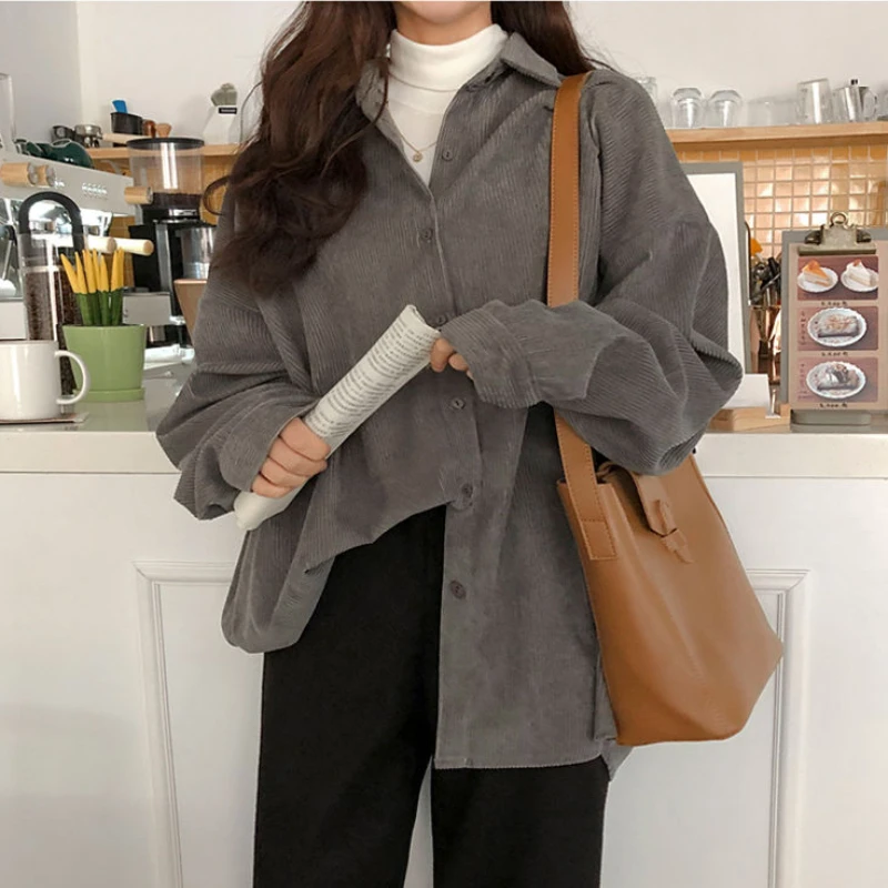 Shirts Frauen Solide Unisex BF Stil Herbst Kleidung Tops Freizeit Beliebte Blusas Ulzzang Japanische Mode Cord Baggy Alle-spiel